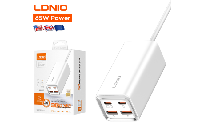 LDNIO A4610C 65W High Power Support 4 Port Usb UK US EU Plug Type C Qc3.0 Fast Charger Adapter Universal Charger for Laptop - White